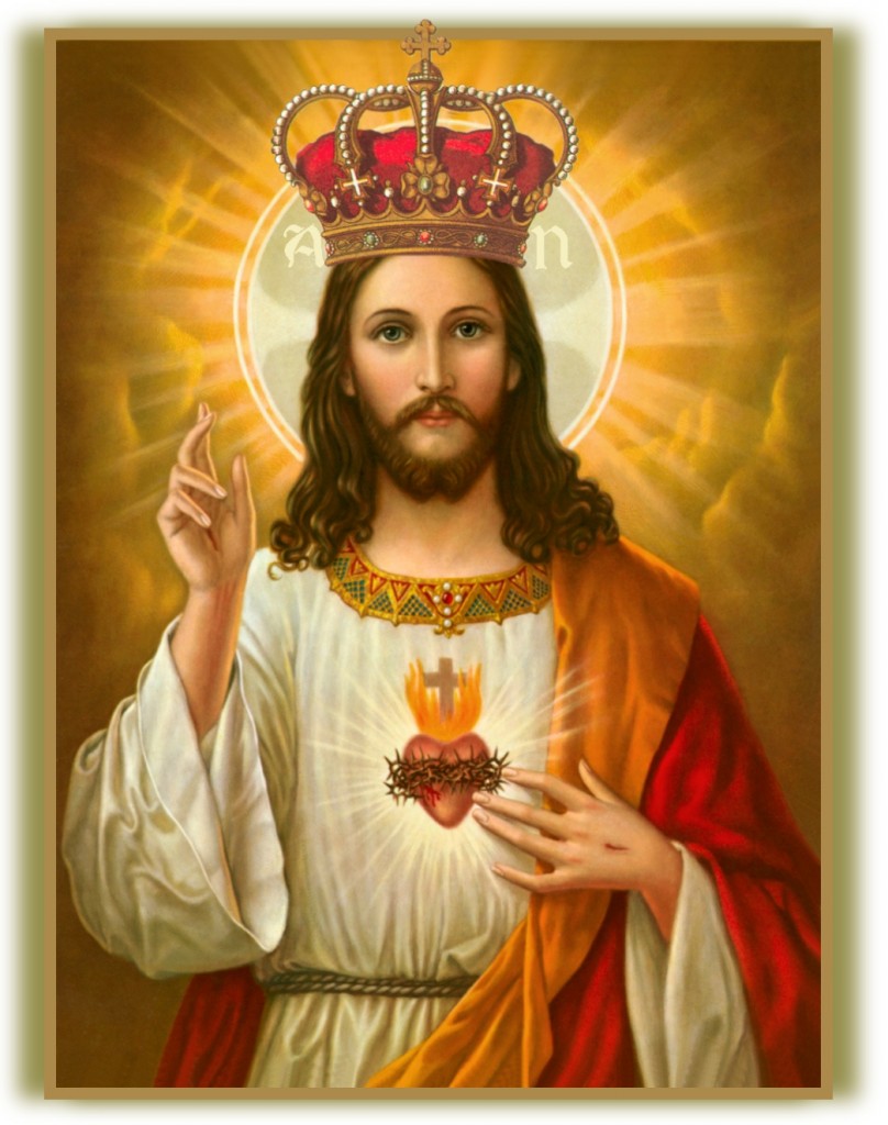 Jesus Christus wird als König mit einem offenen Herzen und Krone dargestellt