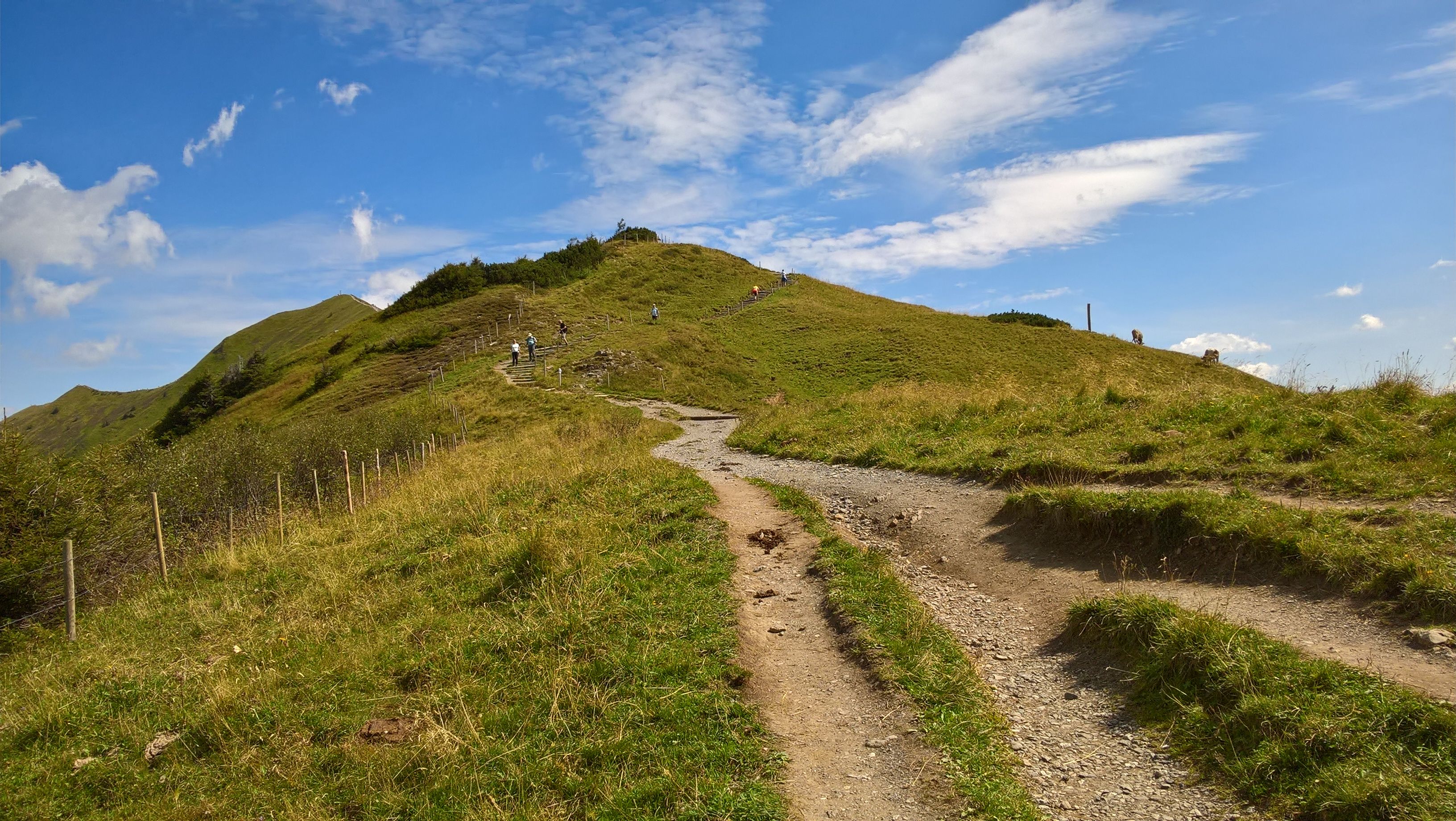 Wir sehen seinen Weg in einer bergigen Landschaft.
