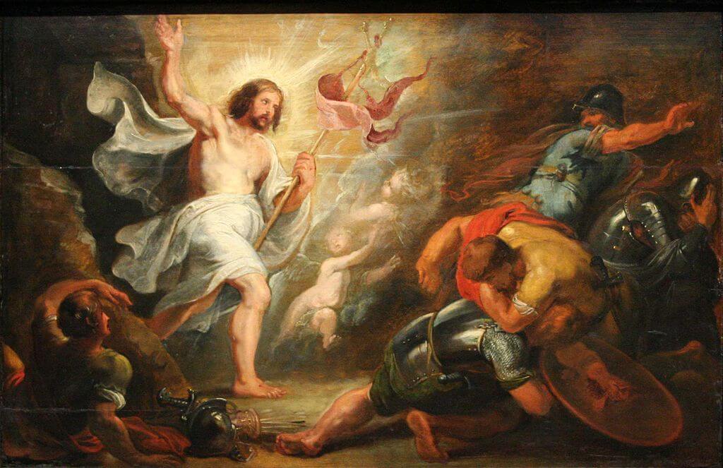 Der auferstandene Jesus schreitet leuchtend aus der Grabeshöhle an den Soldaten vorbei.