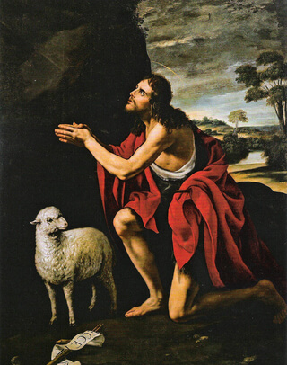 Johannes kniet und betet. Vor ihm steht ein Lamm. Auf dem Boden liegt eine Schriftrolle.